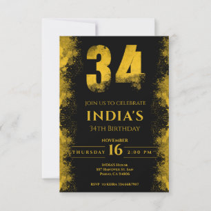 Black And Gold 34th Birthday Party Invitation
