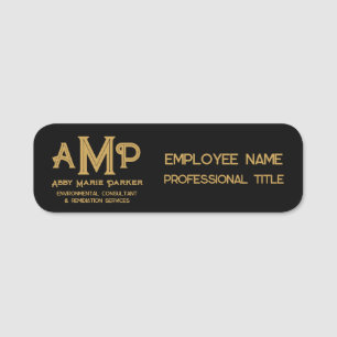 Black and Gold 3 Letter Monogram Business Employee Name Tag