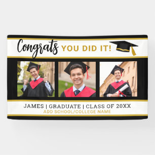 Black And Gold 3 Photo Collage Congrats Grad 2025 Banner