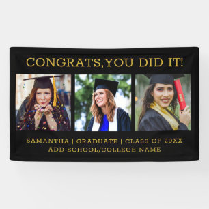  Black And Gold 3 Photo Collage Congrats Grad 2025 Banner