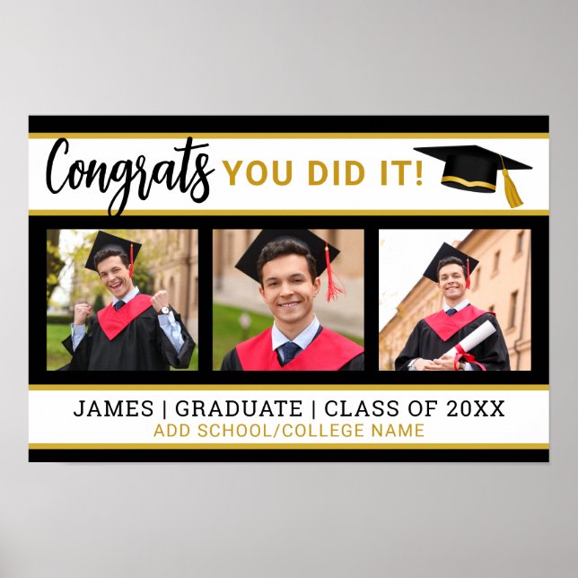 Black And Gold 3 Photo Collage Congrats Grad 2025 Poster (Front)