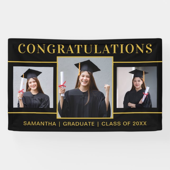 Black And Gold 3 Photo Graduation Congratulations  Banner (Horizontal)