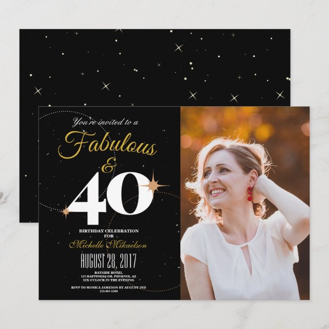 Black and Gold | 40 & Fabulous Birthday Photo Invitation (Front/Back)
