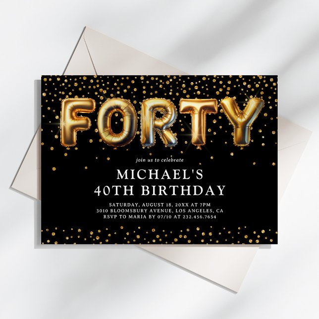 Black and Gold 40th Birthday Balloons Invitation (Creator Uploaded)