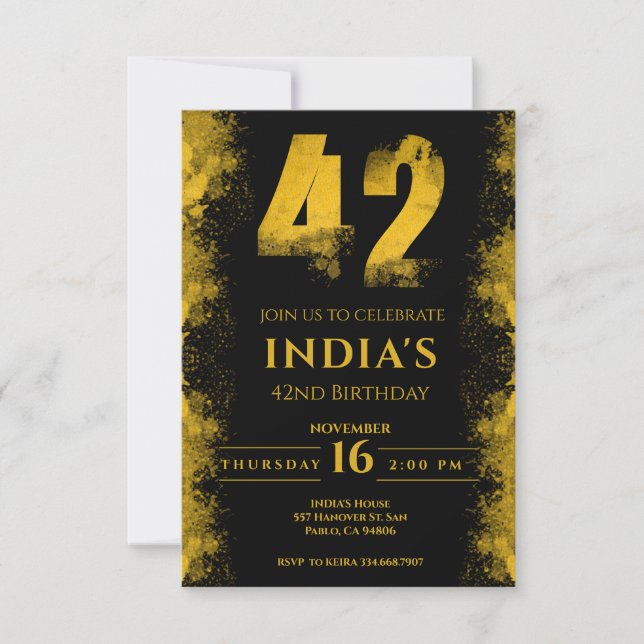 Black And Gold 42nd Birthday Party  Invitation (Front)