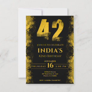 Black And Gold 42nd Birthday Party  Invitation