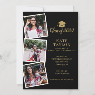 Black And Gold 4 Photo Graduation Party Invitation