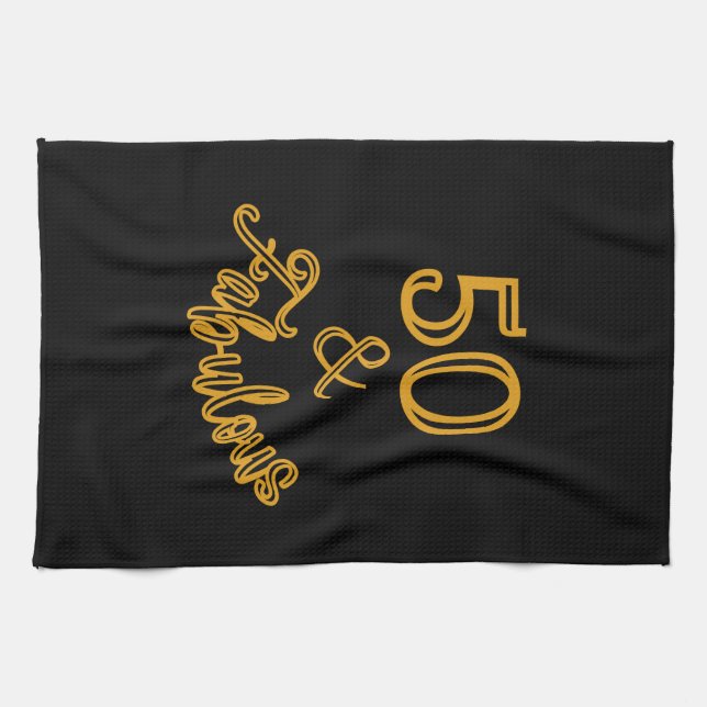 Black and Gold 50 and Fabulous  Tea Towel (Horizontal)