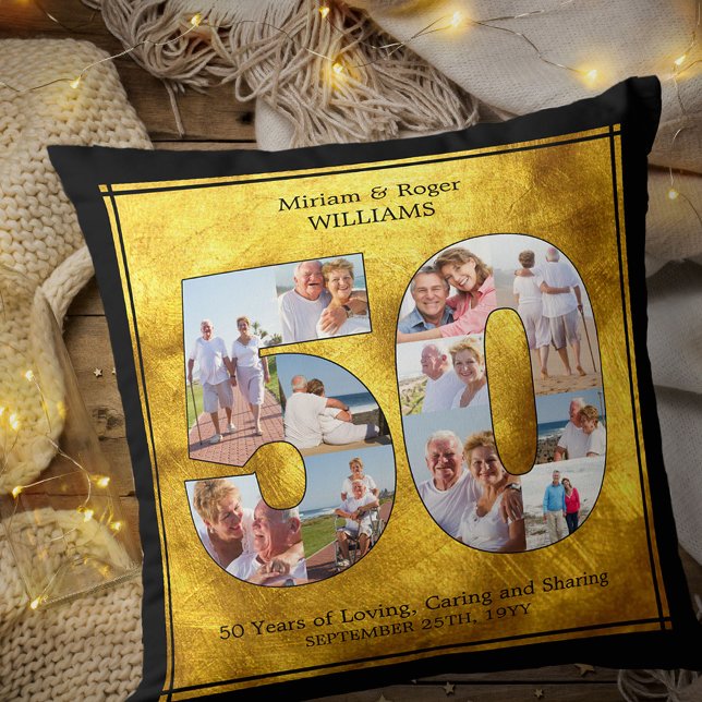 Black and Gold 50 Photo Collage Golden Wedding Cushion (Creator Uploaded)