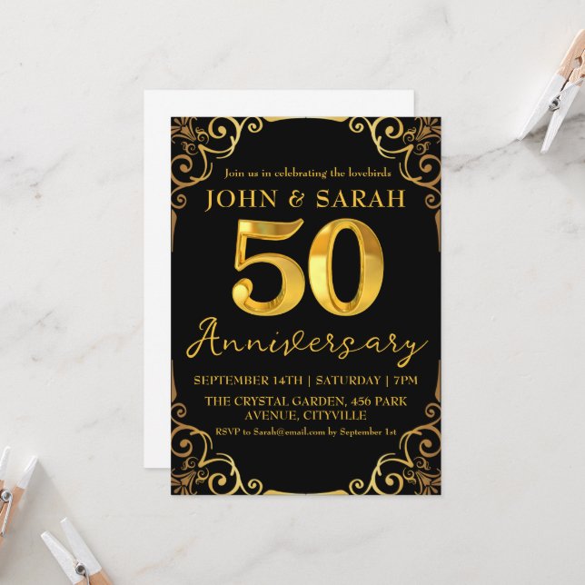 black and gold 50th anniversary party invitations (Front/Back In Situ)