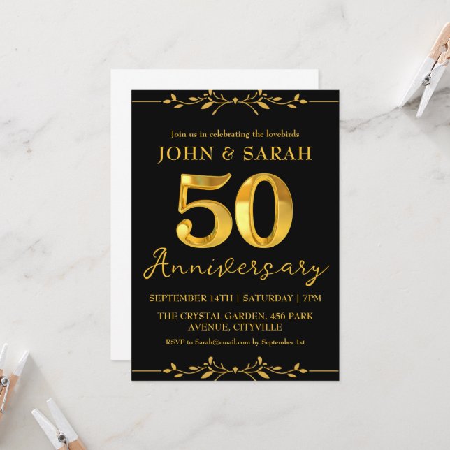 black and gold 50th anniversary party invitations (Front/Back In Situ)