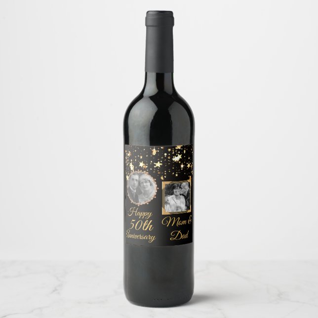 Black and Gold 50th Anniversary Personalised Photo Wine Label (Front)