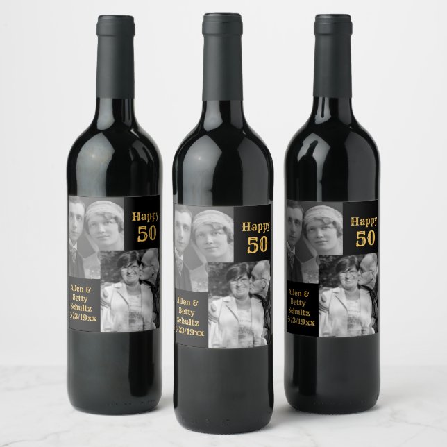 Black and Gold 50th Anniversary Personalised Photo Wine Label (Bottles)