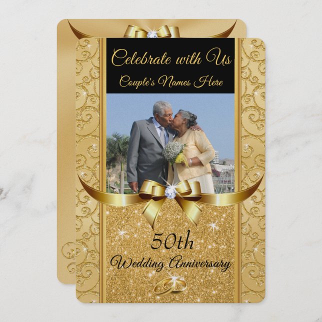 Black and Gold 50th Anniversary PHOTO Invitations (Front/Back)