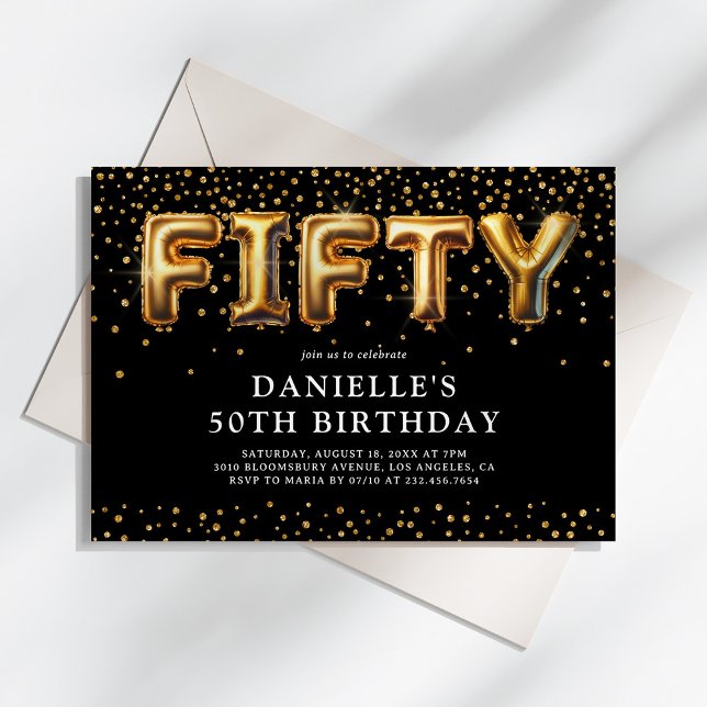 Black and Gold 50th Birthday Balloons Invitation (Creator Uploaded)