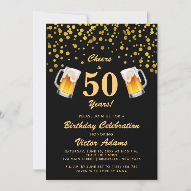 Black and Gold 50th Birthday | Cheers and Beers Invitation (Front)