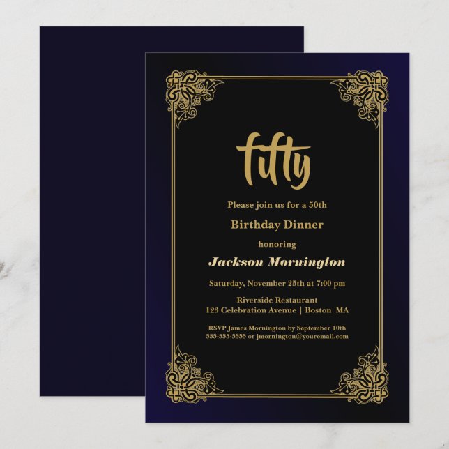 Black and Gold 50th Birthday Dinner Invitation (Front/Back)