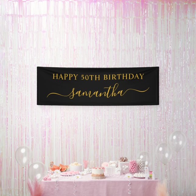 Black and Gold 50th Birthday Elegant Swash Name Banner (Party)