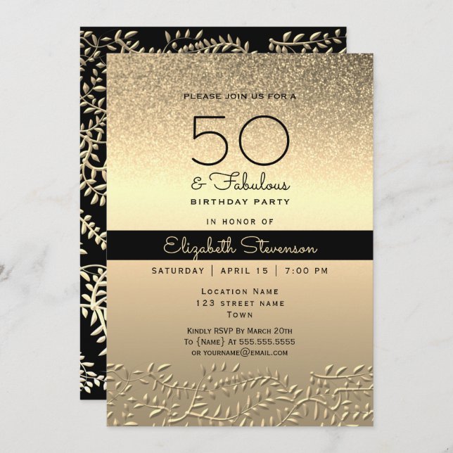 Black and Gold 50th Birthday Invitation (Front/Back)