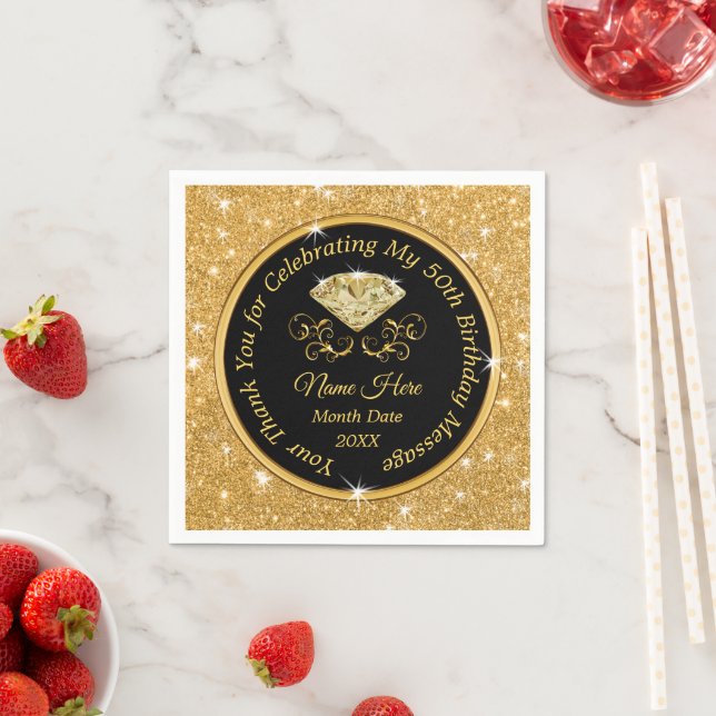 Black and Gold, 50th Birthday Napkins Personalised (Insitu)