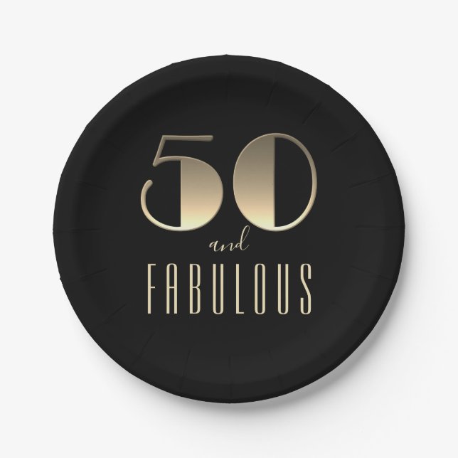 Black and Gold 50th Birthday Paper Plate (Front)
