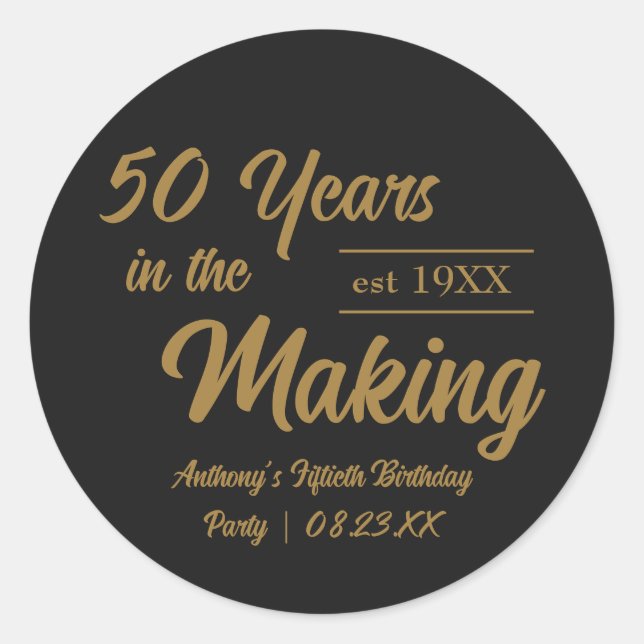 Black and Gold 50th Birthday Party Classic Round Sticker (Front)