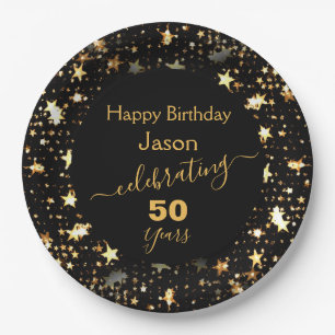 Black and Gold 50th Birthday Party Glitter Stars Paper Plate