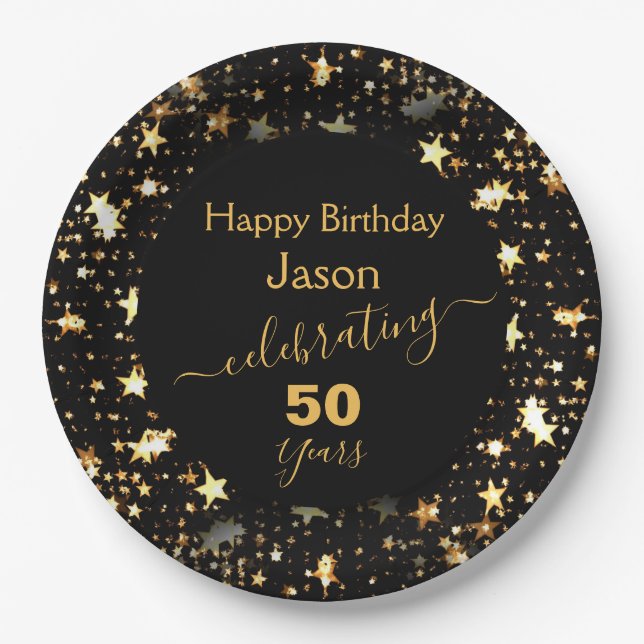 Black and Gold 50th Birthday Party Glitter Stars Paper Plate (Front)