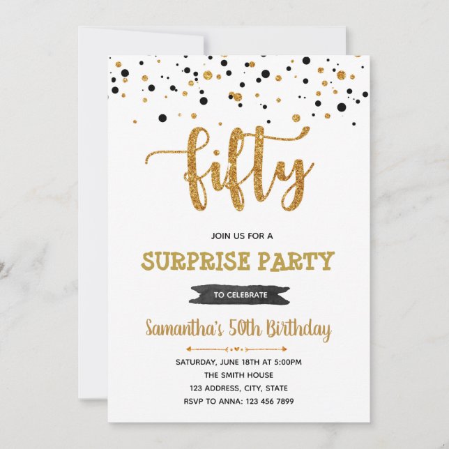 Black and gold 50th birthday party invitation (Front)