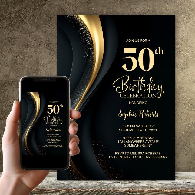Black and Gold 50th Birthday Party Invitation (Creator Uploaded)