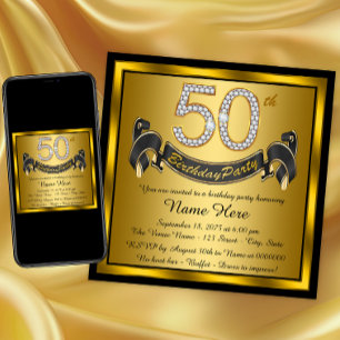 Black and Gold 50th Birthday Party Invitation