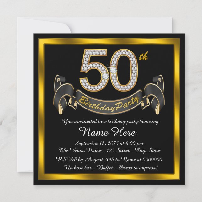 Black and Gold 50th Birthday Party Invitation (Front)