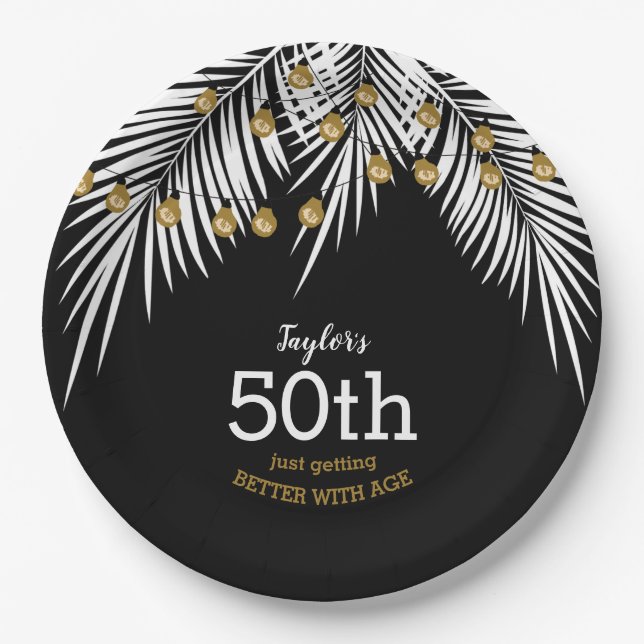 Black and Gold 50th Birthday Party Paper Plate (Front)