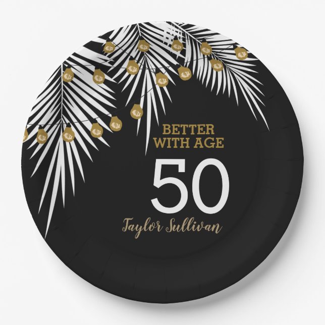 Black and Gold 50th Birthday Party Paper Plate (Front)