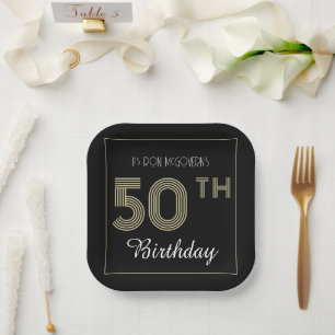 Black and Gold 50th Birthday Retro Stripe Print Paper Plate