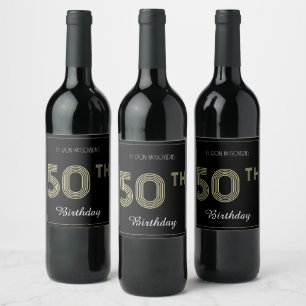 Black and Gold 50th Birthday Retro Stripe Print Wine Label