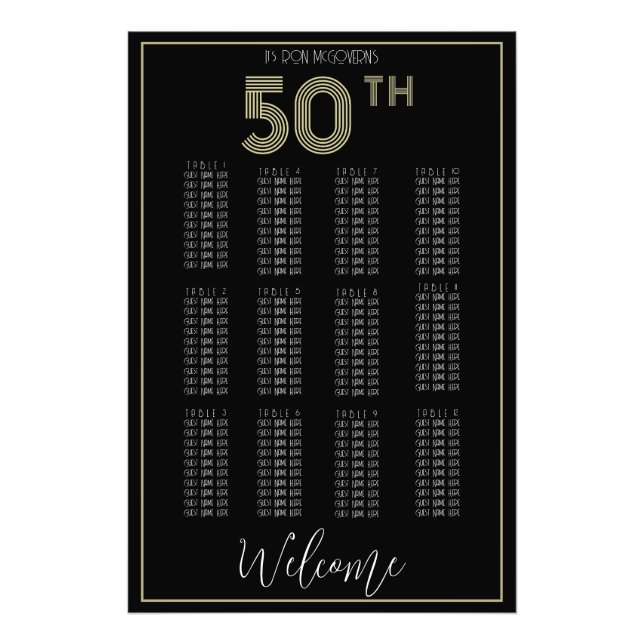 Black and Gold 50th Birthday Seating Chart Print (Front)