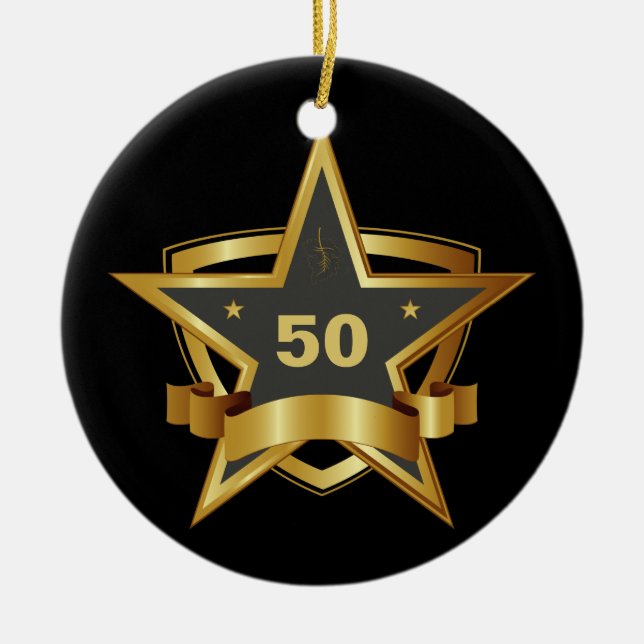 Black and Gold 50th Birthday Star Ceramic Tree Decoration (Front)