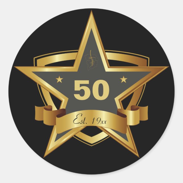 Black and Gold 50th Birthday Star Classic Round Sticker (Front)