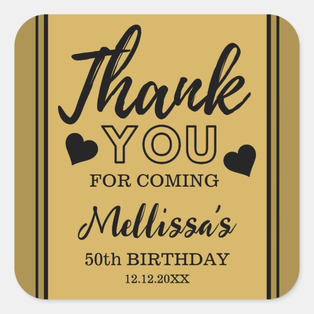 Black And Gold 50th Birthday Thank You Favour Square Sticker (Front)