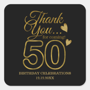 Black And Gold 50th Birthday Thank You  Square Sticker