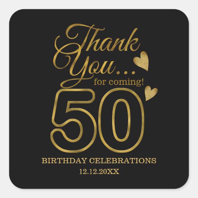 Black And Gold 50th Birthday Thank You  Square Sticker (Front)