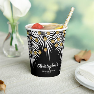 Black and Gold 50th Birthday Tropical Paper Cups