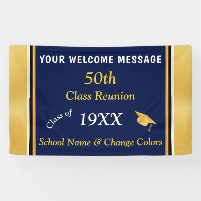 Black and Gold 50th Class Reunion Banner, ANY YEAR Banner (Horizontal)