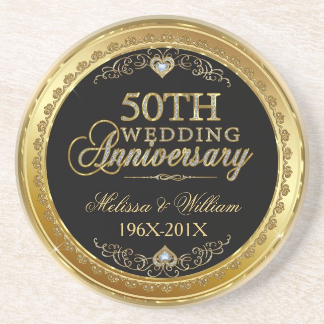 Black And Gold 50th Wedding Anniversary Design Coaster (Front)