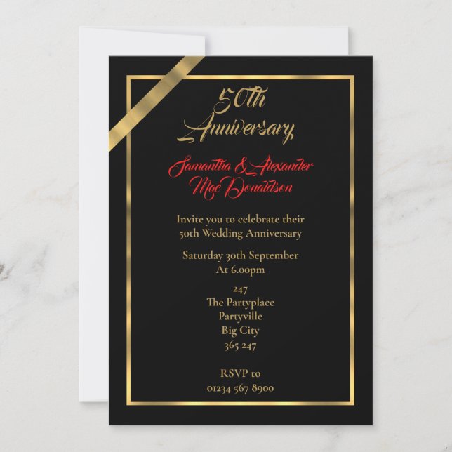 Black and gold 50th wedding anniversary invitation (Front)