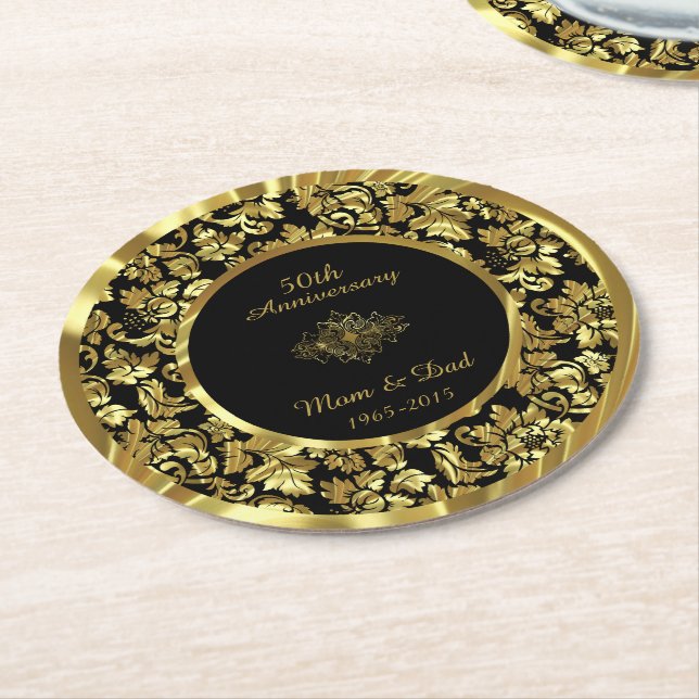 Black And Gold 50th Wedding Anniversary Round Paper Coaster (Angled)