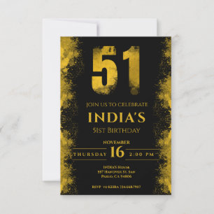Black And Gold 51st Birthday Party  Invitation