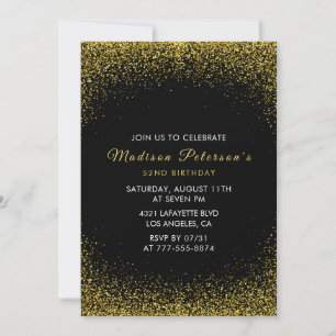 Black and Gold 52nd birthday Glam Glitter Invitation