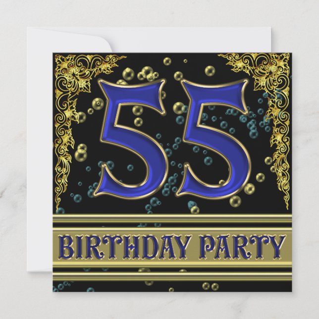 Black and Gold 55th Birthday party Invitation (Front)